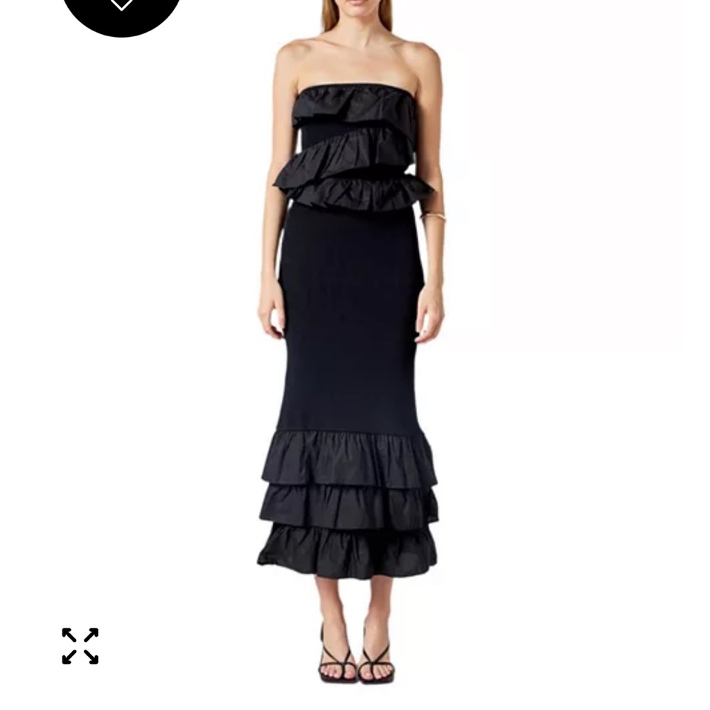 Mixed Media Strapless Black Ruffle Dress